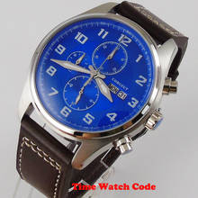 Corgeut 42 мм кварцевые мужские наручные часы с хронографом, секундомером, отображением даты недели, кожаным ремешком, синим циферблатом, календарем 2024 - купить недорого