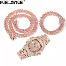 Hip Hop Baguette Watch+Necklaces +Bracelet 12MM Iced Out Paved Pink Rhinestones Miami Prong Cuban Chain For Women Men Jewelry 2024 - buy cheap