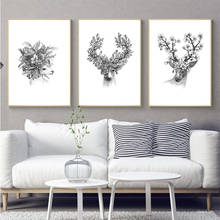 Modern Animal Flower Deer Head Black and White Print Poster Wall Art Picture Nordic Hippie Home Decoration Canvas Art Painting 2024 - buy cheap