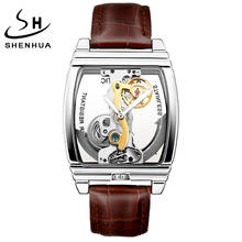 Shenhua-relógio de pulso automático de couro genuíno masculino, relógio de esqueleto transparente dourado, pulseira automática de luxo 2024 - compre barato