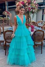 Turquoise Blue Long Evening Dresses 2020 Deep V-neck Tulle Tiered Floor Length Puffy Women's Evening Dinner Party Gowns Chic 2024 - buy cheap