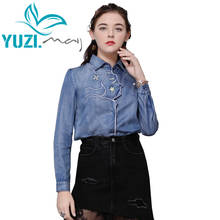 Blusa feminina 2020 yuzi. way boho camisa jeans gola virada para baixo bordada manga comprida vintage b9295 blusas femininas 2024 - compre barato
