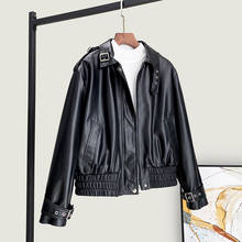 Jaqueta curta de couro genuíno feminina, casaco com pele de carneiro de motociclista para primavera 2021, casual e casual pph3828 2024 - compre barato