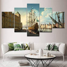 Decoração com 5 painéis pôster arte de parede, porto, cidade, barco a vela, pintura em lona, paisagem, pintura a óleo, decoração de casa, sala de estar, arte de parede 2024 - compre barato