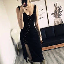 Sexy Lace Up Split Hollow Out Dress Women Sleeveless V Neck Chic Ladies Dresses 2021 Summer Patchwork Party Club Clothes 2024 - buy cheap