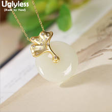 Uglyless Ginkgo Biloba Leaf Necklaces No Chains for Women Natural Jade Buttons Pendants 925 Silver Vintage Fashion Dress Jewelry 2024 - buy cheap