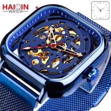 Haiqin relógio mecânico masculino de luxo, relógio de esqueleto azul tipo militar, com mecânico 2024 - compre barato