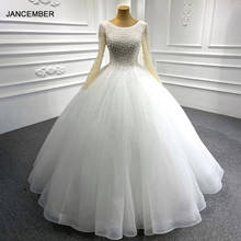 J67205 JANCEMBER Long Sleeve Wedding Dresses 2021 Tulled Beading Lace Up Back O-Neck Ball Gown Sequined 2024 - buy cheap