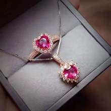 Conjunto de collar y anillo con colgante de Plata de Ley 925 con Topacio rosa, joyería lujosa con diseño de corazón de grano grande, para mujeres 2024 - compra barato