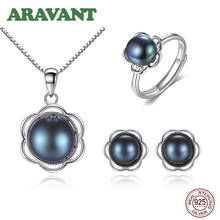 Conjunto de joyería de perlas Retro para mujer, collar de flores de perlas naturales de Plata de Ley 925, pendiente, anillo abierto 2024 - compra barato