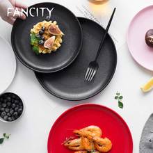 Fancity bife placa de refeição prato redondo casa nordic net vermelho utensílios de mesa preto criativo placa cerâmica fosco japonês oeste 2024 - compre barato