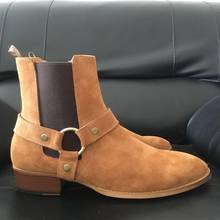 NEW real Picture Customize Handmade  cow suede leather slip one with buckle strap  men Chelsea Boots wyatt harry Harness Boots 2024 - buy cheap
