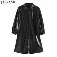 LOGAMI PU Leather Mini Dress Lantern Long Sleeve Streetwear Female A Line Dresses Turn Down Collar Sexy Dress 2024 - buy cheap