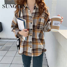 Sungtin-camisa a cuadros minimalista para mujer, camisas holgadas con cuello vuelto, blusas informales a cuadros, 3 colores, Corea, 2021 2024 - compra barato