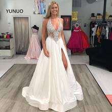 Yunuo sexy high side fenda vestidos de noite longo bordado beading vestido de baile cetim halter robe de soiree vestidos de festa marfim 2024 - compre barato