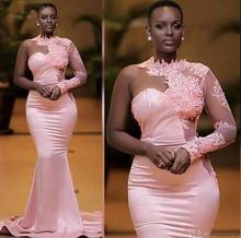 2020 африканские Розовые Вечерние платья Русалка аппликация на одном плече кружева Дубай Саудовская Арабский длинное вечернее платье с рукавами платье для выпускного вечера 2024 - купить недорого