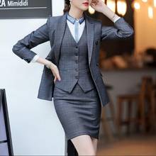 Minifalda con doble botonadura para mujer, Blazer a cuadros, chaleco, conjunto de 3 piezas, ropa Formal para trabajo y oficina 2024 - compra barato