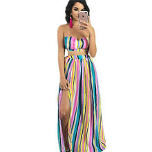 Sexy Rainbow Striped Summer Maxi Dresses Women Fashion Strapless Two Piece Gown Elegant Off Shoulder Beach Long Party Dresses 2024 - buy cheap