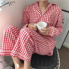 Feminino manga longa turn-down colarinho pijamas botão superior + calças pijamas conjunto grade meninas pijamas conjuntos bonito lazer pijamas homewear 2024 - compre barato
