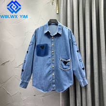 Fashion Heart Embroidery Pocket Denim Shirt Women Beaded Diamond Shirts Single Breasted Jeans Shirt Womens Tops and Blouses 2024 - buy cheap