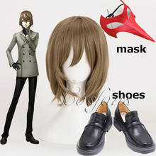 Persona 5 cosplay goro akechi cosplay perucas máscara sapatos propsshort linho cinza escuro resistente ao calor peruca de cabelo sintético + peruca boné 2024 - compre barato