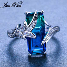 Anéis de cauda de sereia com zircão gradiente, verde, azul, prateado, cor de prata, grande retângulo, pedra, joia de casamento 2024 - compre barato