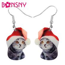 Bonsny brincos de acrílico para natal, chapéu de natal, brincos de gato gatinho pendurado, animais de estimação, joias para mulheres, adolescentes, acessórios de festa para presente 2024 - compre barato