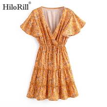 HiloRill Boho Syle Summer V Neck Mini Dress Women Floral Print Ruffle Beach Dress Short Sleeve Elastic Waist Party Dresses 2024 - buy cheap