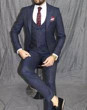 2020 Fashion 3 Pcs Navy Blue Smoking Tweed Men Suit Groom Tuxedo Mens Suits Custom Made Slim Fit Groomsmen ( Jacket+Pants+Vest) 2024 - buy cheap