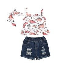 Kid Baby Girls 3-piece Summer casual Outfit Set Sleeveless Cartoon dinosaur Print Tops pocket Hole Denim Shorts bow Headband Set 2024 - buy cheap