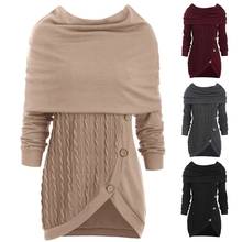 Suéter feminino com capuz, gola redonda, botão decoração, bainha assimétrica, manga comprida, cor sólida, camisa de malha com cabo 2024 - compre barato
