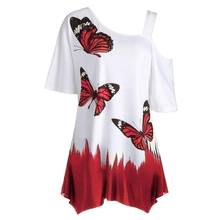 Women T-shirt Plus Size Casual Fashion Butterfly Print T-shirt Cold Shoulder Short Sleeve Tunic Tee Top футболка оверсайз 2024 - buy cheap