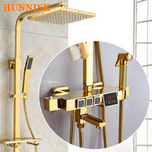 Juego de ducha termostática dorada HUNNISE, grifo mezclador de bañera de latón de cobre, cabezal de ducha de lluvia de 12 pulgadas, juego de ducha Digital dorado 2024 - compra barato