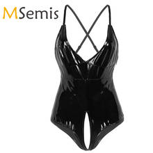 Women's Lingerie Crotchless Swimsuit Wet Look Patent Leather Bodysuit Plunging Spaghetti Straps Cross at Back Leotard Bodysuit 2024 - buy cheap