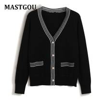 MASTGOU Spring Autumn Cardigan For Women V Neck Sweater Big Pocket Soft Woman Knitted Coat Vintage Striped Jumper Tops 2024 - buy cheap