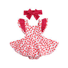 Bonito infantil bebê menina macacão vestido amor coração impressão babados manga voar tutu macacão + arco bandana 2 peças dia dos namorados terno 2024 - compre barato