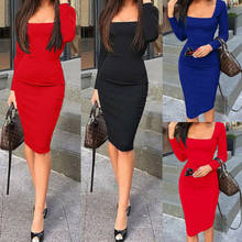 Женское вечернее платье-карандаш, облегающее однотонное платье средней длины с длинными рукавами и квадратным вырезом, цвет черный, красный, синий 2024 - купить недорого