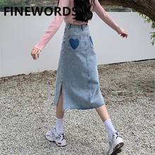 FINEWORDS High Waist Korean Denim Skirt Vintage Casual Back Heart Printed Long Skirts For Women Japanese Harajuku Jeans Skirts 2024 - buy cheap