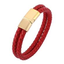 Fashion Double Layer Red Braided Leather Men Bracelet Stainless Steel Magnetic Clasp Male Bangles Jewelry Dropshipping 2024 - buy cheap