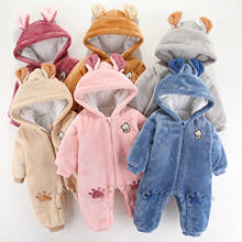 Newborn Infant Clothes Romper Baby Boys Girls Winter Cute Ear Cartoon Bear Hooded Romper Fleece Jumpsuit Coat Warm Outwear 2024 - купить недорого