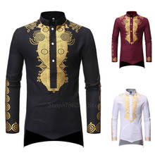 2021 moda masculina africano roupas de manga longa impressão dourada camiseta adulto dashiki vestidos tradicional étnica bazin riche blusa 2024 - compre barato