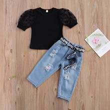 Conjunto de roupas 3 peças para meninas, camiseta preta de manga curta + jeans azul com elástico na cintura + cintura 2-7 anos, 2021 2024 - compre barato