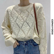 Женский трикотажный пуловер Genayooa, Однотонный свитер с длинным рукавом и круглым вырезом, повседневный короткий ажурный джемпер в Корейском стиле, зима 2020 2024 - купить недорого