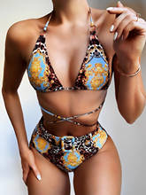 Bikini de leopardo con cuello en v para mujer, traje de baño de cintura alta, Bikini brasileño, ropa de playa, 2021 2024 - compra barato