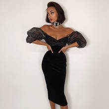 Summer Women Fashion Black Off Shoulder New Sexy Short Sleeve Mesh Midi Hot Celebrity Evening Party Dress 2024 - buy cheap