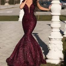 Женское вечернее платье с юбкой-годе, длинное Бордовое платье с V-образным вырезом, длиной до пола и молнией на спине, с блестками, сексуальное платье для вечеринки 2024 - купить недорого
