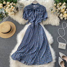 2020 Bow Vintage ruffles floral print Dress Summer Party Midi Long dress chiffon Women high waist pleated beach elegant Dresses 2024 - buy cheap