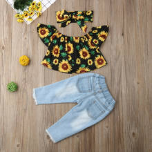 Baby Girl Clothes Girls Off Shoulder Sunflower Print Top Ripped Denim Pants Headband 3Pcs Toddler Outfits Summer Kid Clothes Set 2024 - buy cheap
