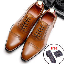 Phenkang-zapatos de cuero genuino para hombre, calzado de negocios de estilo clásico, color café y negro, con cordones, punta estrecha, Oxford 2024 - compra barato