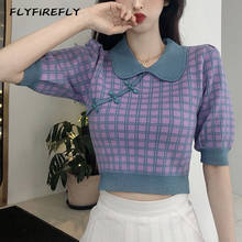 Summer sweater women knitted short sweater elegant plaid pullover vintage purple crop sweaters korean style women 2022 New 2024 - buy cheap